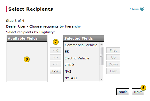 Select dealer recipients by hierarchy, step 3 of 4.